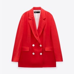 NWT Zara Red linen double breasted blazer with white buttons 1/2 lined Small